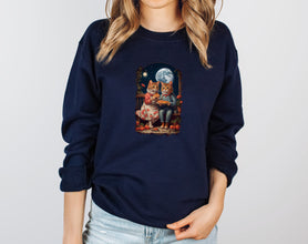 a woman wearing a sweatshirt with a picture of a man and woman on it