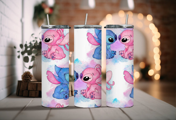 Cute Couple Cartoon Disney Tumbler - Ohana Means Family Tumbler - Couples Retreat Tumbler with Water-Color Couple & Hawaiian Flowers!