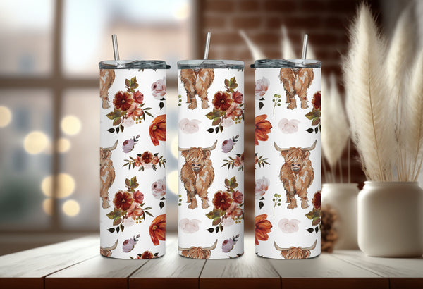 Highland Cattle Cow with Flowers Tumbler - Farmhouse Cow Tumbler - Cow Mama Tumbler - Perfect Gift for Fluffy Cow Lover!