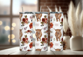 Highland Cattle Cow with Flowers Tumbler - Farmhouse Cow Tumbler - Cow Mama Tumbler - Perfect Gift for Fluffy Cow Lover!