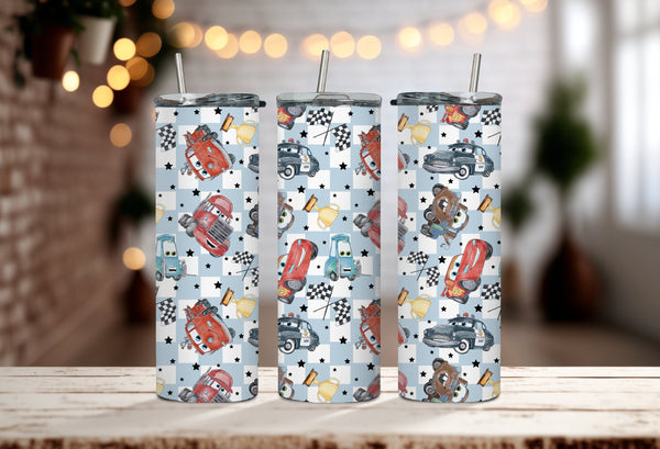 Cartoon Cars Character Tumbler - Iconic Movie Route 66 Tumbler - Animated Baby Blue Checkered Baby Car Tumbler!