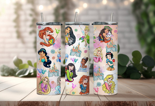 Water-color Disney Princess Tumbler - Colorful Animated Princess Tumbler - Your Fairytale Sip Companion for Enchanting Moments!