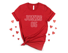 a red shirt with the name jones on it